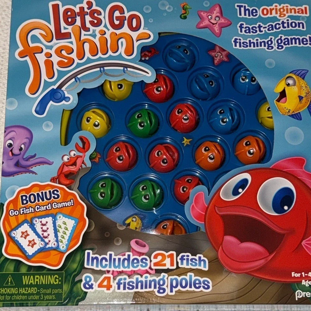 Pressman Let's Go Fishin' Game with Bonus Go Fish Card Game 21 Fish 4 Poles NEW